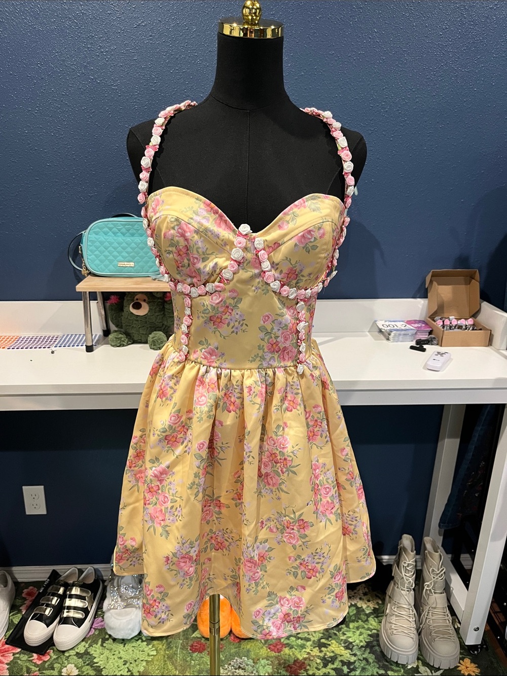 NWOT Sugar Thrillz Yellow Floral Mini Dress with Rosettes  Trim